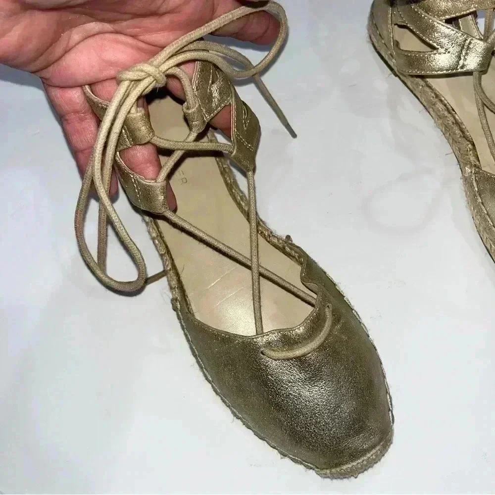 Marc Fisher genuine soft leather, gold, ankle tie, flat, espadrilles, shoes,